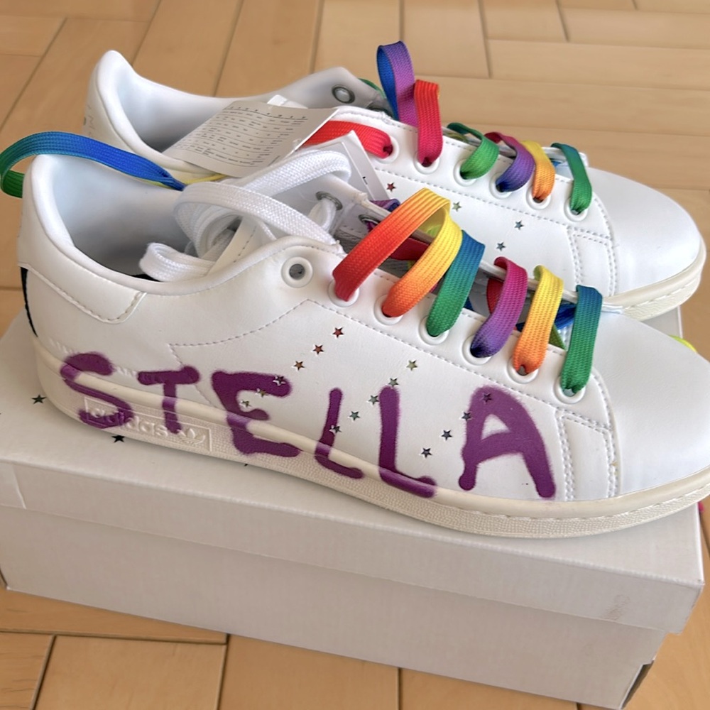 Stella McCartney-Adidas Stan Smith - US woman 6.5. White with purple lettering.